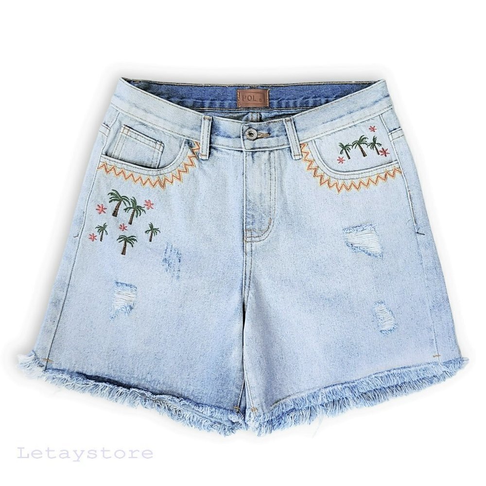 NWT POL High Rise Embroidered Distressed Fringed Rae Hem Denim Shorts - Picture 5 of 10